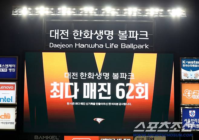 30일 대전한화생명볼파크에서 열린 롯데와 한화의 경기, 전광판에 이날 경기 매진에 대한 내용이 표출되고 있다. 대전 한화생명 볼파크는 이날 매진으로 시즌 최다인 62회를 기록했다. 대전=허상욱 기자wook@sportschosun.com/2025.09.30/