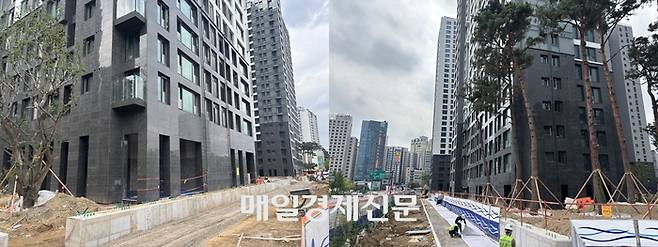 (왼쪽)송파구 신천동에 위치한 ‘잠실 래미안아이파크(잠실진주재건축아파트)’ 107동 앞에 설치된 방음벽 기초 공사가 마무리된 모습, (오른쪽) 측면에서 본 ‘잠실 래미안아이파크(잠실진주재건축아파트)’ 107동의 돌출 모습. [백지연 기자]
