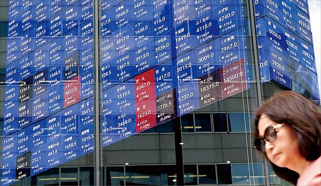일본 도쿄 도쿄증권거래소에 설치된 전광판에 닛케이225지수가 표시되고 있다. (AFP=연합뉴스)
