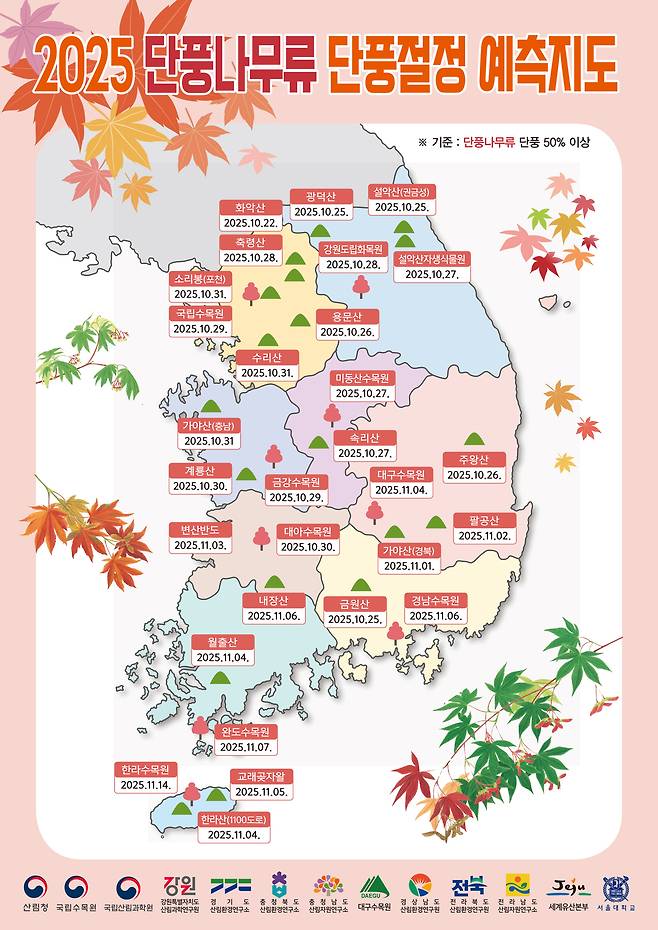 단풍나무류 절정 시기 예측지도. 산림청 제공