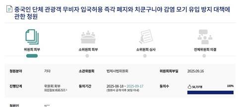 '중국인 단체 관광객 무비자 입국허용 즉각 폐지' 청원  지난달 국민청원 사이트에 등장한 '중국인 단체 관광객 무비자 입국허용 즉각 폐지' 청원. 해당 청원은 5만8천737명의 동의를 얻어 상임위원회에 회부될 예정이다. [재판매 및 DB 금지]