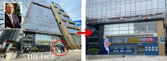 서희건설이 신사업으로 추진했던 편의점 '로그인' 점포 수가 30여 곳으로 급감했다. 왼쪽 사진은 서울 서초동에 위치한 '서희타워'에 편의점 '로그인'이 입접해 있던 지난 2022년 시기의 전경. 이 곳에 있던 로그인 직영점은 올해 2월 문을 닫고 현재(​​​오른쪽 사진) GS리테일에서 운영하는 편의점 'GS25'가 입점한 상태다. /문은혜 기자