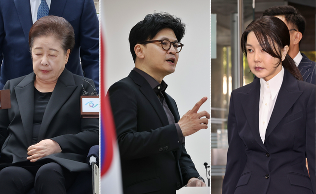 왼쪽부터 한학자 통일교(세계평화통일가정연합) 총재, 한동훈 국민의힘 전 당대표, 윤석열 전 대통령 부인 김건희씨.<연합뉴스 사진·‘한동훈 official’ 페이스북 페이지 사진 갈무리>
