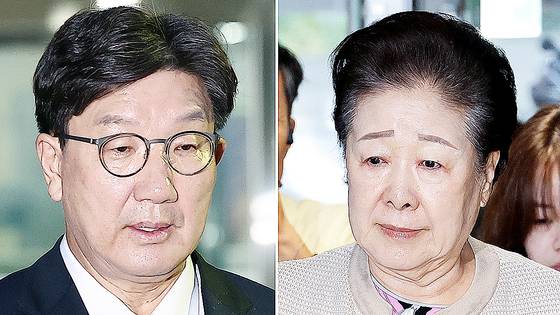 국민의힘 권성동 의원이 지난달 16일 서울 서초구 서울중앙지법에서 열린 구속 전 피의자 심문(영장실질심사)을 마친 뒤 법원을 나서고 있다. 한학자 통일교 총재가 지난달 17일 서울 종로구 KT광화문빌딩 김건희 특검 사무실에 출석하고 있다. 연합뉴스