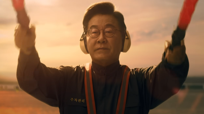 이재명 대통령은 2일 공개된 APEC 홍보영상에서 경광봉을 들고 항공기 지상 이동을 유도하는 항공기 유도원으로 2초가량 얼굴이 나온다. 유튜브 갈무리