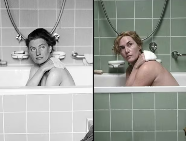종군기자 리 밀러가 히틀러 욕조에서 찍은 사진(왼쪽)과 영화 ‘리 밀러: 카메라를 든 여자’에서 케이트 윈슬렛이 재연한 장면(오른쪽).