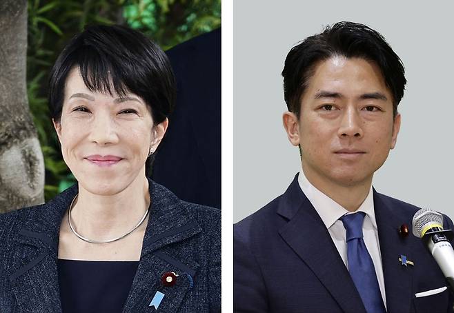 다카이치 사나에 전 경제안보담당상(왼쪽)과 고이즈미 신지로 농림수산상. [연합]