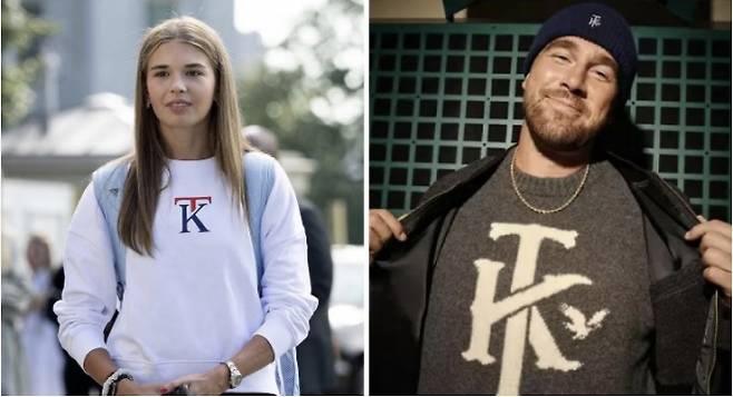 카이 트럼프의 스웨터에 박힌 로고 ‘KT’와 트래비스 켈스가 홍보 중인 의류 브랜드 아메리칸 이글의 ‘KT’ 비교. 색상은 다르지만 대문자와 조합 방식이 거의 동일하다.  데일리 비스트 캡처