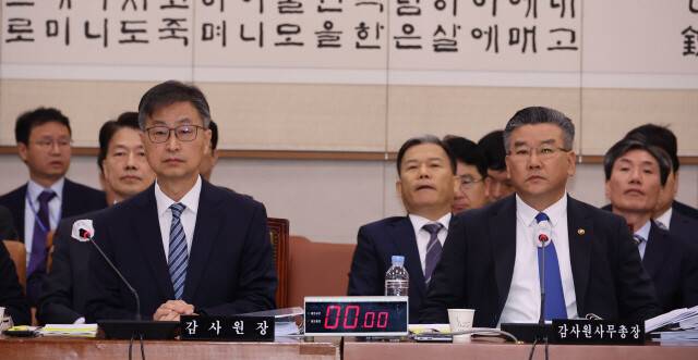 2023년 10월 최재해 감사원장(왼쪽)과 유병호 감사원 사무총장이 국회 법제사법위원회에서 열린 감사원에 대한 국정감사에서 의원의 질의를 듣고 있다. 김봉규 선임기자 bong9@hani.co.kr