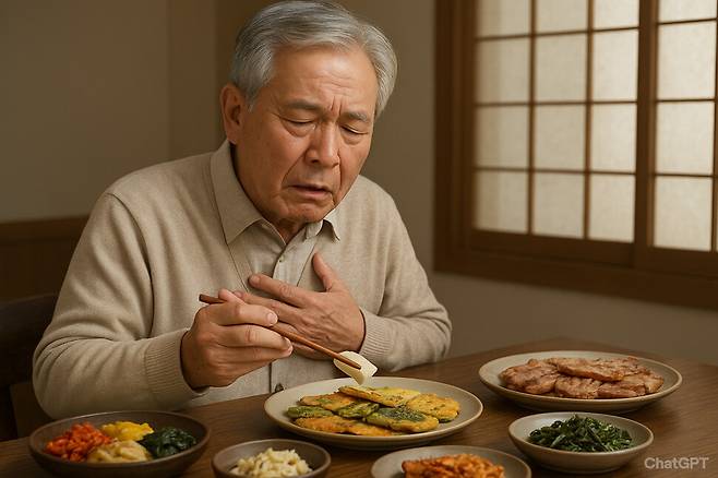 추석 연휴는 가족과 함께하는 즐거운 시간이지만, 고령층은 명절 음식을 잘못 섭취하거나 과식하면 소화기 질환이 발생할 가능성이 높아 각별한 주의가 필요하다. 생성형 AI 챗GPT 그림