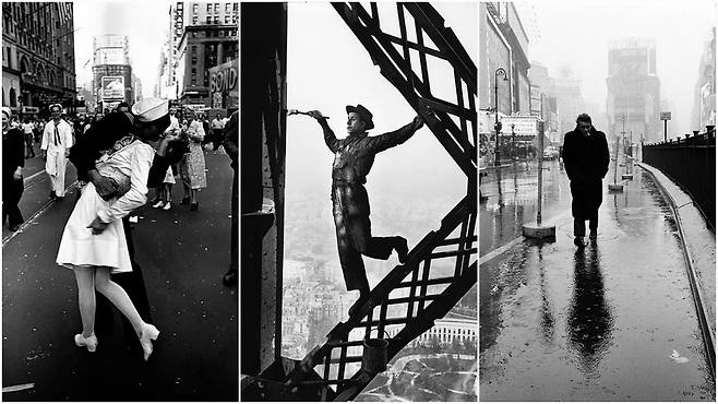 라이카로 촬영한 역사적인 사진들. 왼쪽부터 알프레드 아이젠슈타트의 '승리의 키스(1945)', 마크 리부의 '에펠탑의 페인트공(1953)', 데니스 스톡의 '타임스퀘어를 걷는 제임스 딘(1955)'.