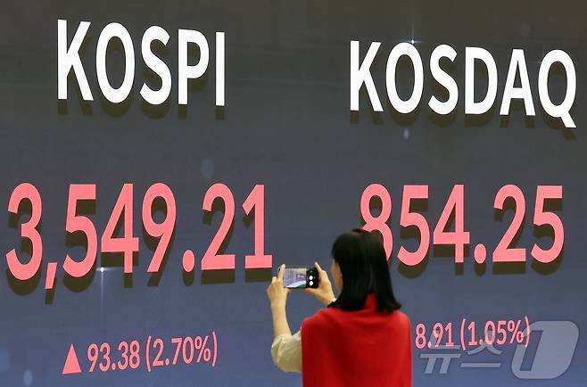 추석 명절을 앞두고 코스피가 최고가를 기록한 2일 오후 서울 영등포구 여의도 여의도 한국거래소 모니터에 코스피 시황이 표시되고 있다. 2025.10.2/뉴스1 ⓒ News1 김진환 기자