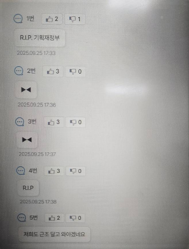 기획재정부 내부 익명 게시판에 올라온 불만, 성토 글 캡처.