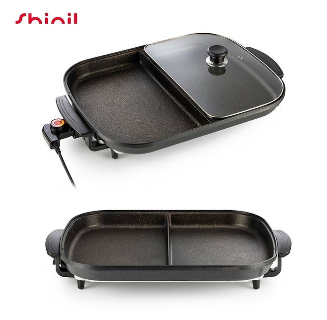 신일전자의 반반 잔치팬. 조리 공간을 두 개로 분리해, 다른 종류의 음식을 동시에 조리할 수 있다. <신일전자>