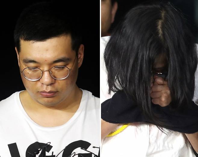 사회-범죄-납치살해-경남 창원 골프연습장 주부 납치 남녀 서울서 검거 - 창원 골프연습장 주부 납치·살해 용의자 심천우(왼쪽), 강정임이 3일 오후 경남 창원시 의창구 창원서부경찰서로 압송, 취재진 질문을 받고 있다. 이들은 3일 오전 서울의 한 모텔에서 검거됐다. 2017.7.3   연합뉴스