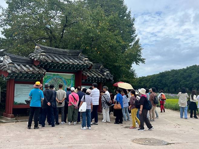 지난달 18일 정오가 지나자 경북 안동시 안동하회마을에는 관광객이 몰렸다. 사진은 가이드를 따라 하회마을 입구에 서 있는 단체 관광객 모습./사진=민수정 기자.