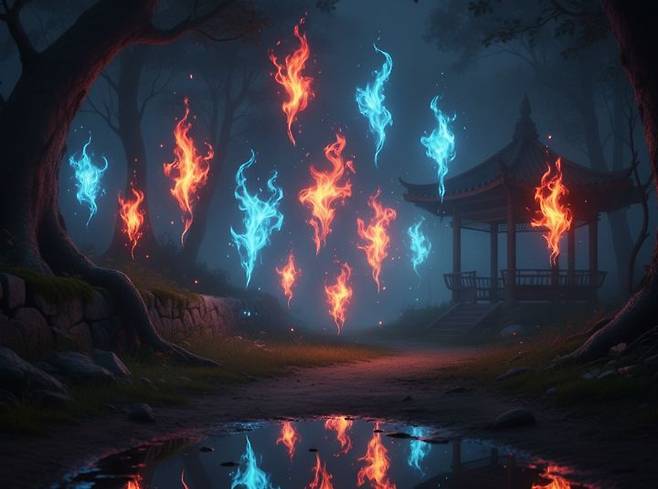 10일 학계에 따르면 스탠퍼드대학교 연구팀은 도깨비불 현상이 단순한 메탄가스 연소가 아닌, 미세 기포 사이에서 발생하는 미세 번개에 의해 불이 붙는 것이라는 연구 결과를 발표했다. 사진은 AI '제미나이'가 그린 도깨비불 이미지. (사진=제미나이) *재판매 및 DB 금지