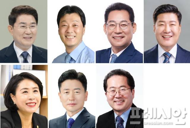 ▲순천시장 후보군. 윗줄부터 시계방향으로 노관규 현 순천시장, 서동욱 전 전남도의회 의장, 손훈모 변호사, 오하근 전 전남도의원, 허석 전 순천시장, 이성수 진보당 전남도당위원장, 이복남 조국혁신당 순천지역위원장.ⓒ프레시안(지정운)