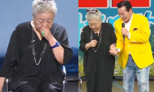 배우 강부자(왼쪽), 김성환의 부축을 받고 무대에 오르는 강부자 모습. KBS1 ‘아침마당’ 방송 화면 캡처