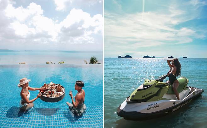 빌라 전용 수영장에서 즐기는 플로팅 애프터눈티와 리조트 앞바다에서 즐기는 제트스키. 사진제공|팜투어