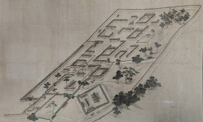 1825년(순조 25) 경우궁 영역을 그린 건축도형으로, 399칸에 달하는 전각들을 일목요연하게 화면에 담았다. 사진=한국학중앙연구원