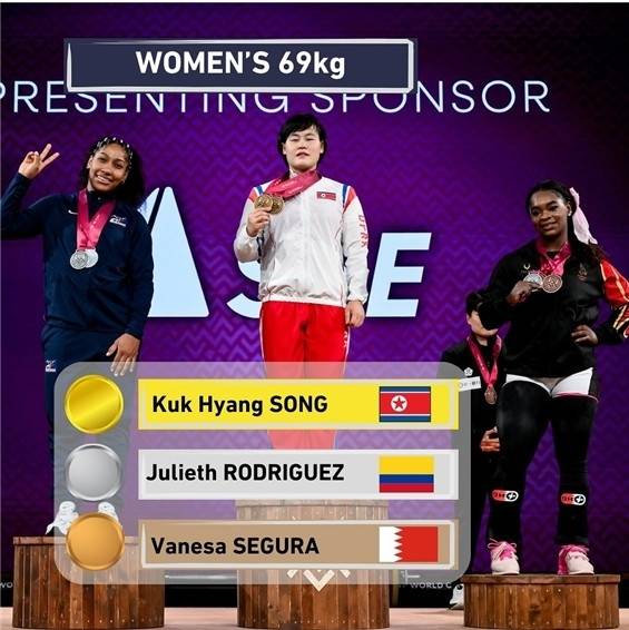 북한 역도 송국향이 세계선수권 여자 69㎏급에서 세계신기록으로 우승했다. (IWF SNS 캡처)