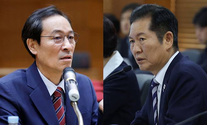 우상호 대통령정무수석비서관(왼쪽). 정청래 더불어민주당대표