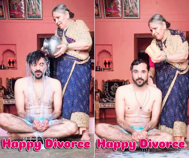 인도의 한 남성이 자신의 이혼을 밝히면서 모친과 함께 우유 목욕(왼쪽)에 이어 물로 씻어내는 의식(오른쪽)으로 이혼을 축하한 영상이 조회수 300만회를 넘어서며 화제가 됐다. 인스타그램 계정 ‘iamdkbiradar’ 캡처