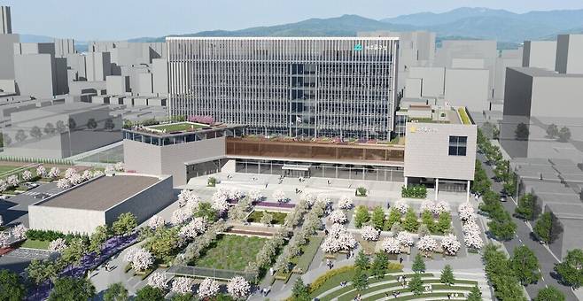 ▲ 용현‧학익 1블록 도시개발 사업시행자인 ㈜DCRE가 2029년 완공을 목표로 모든 비용을 부담해 신축한 뒤 기부채납하기로 한 미추홀구 신청사 조감도. /조감도출처=미추홀구