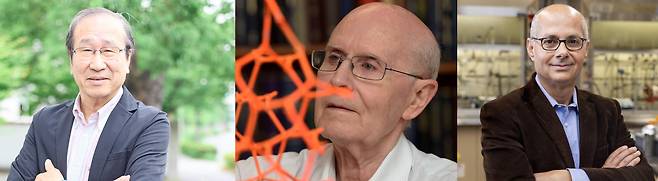 2025년 노벨 화학상 수상자. 왼쪽부터 기타가와 스스무(Susumu Kitagawa) 일본 교토대 교수, 리처드 롭슨(Richard Robson) 호주 멜버른대 교수, 오마르 야기(Omar M. Yaghi) 미국 UC버클리 교수/교토대, 멜버른대, UC버클리