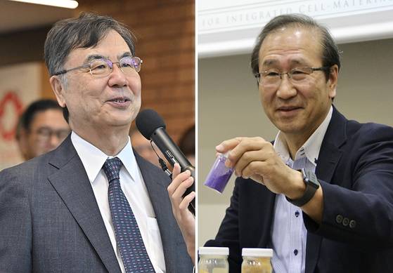 일본의 30번째·31번째 노벨상 수상자인 사카구치 시몬 오사카대 석좌교수(왼쪽)와 기타가와 스스무 교토대 특별교수. [AFP·AP=연합뉴스]