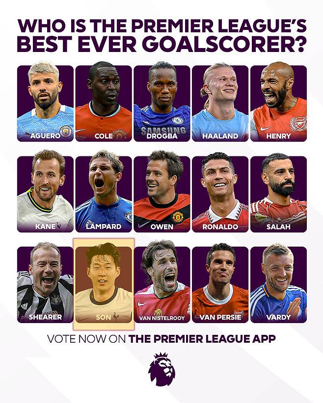 잉글랜드 프리미어리그(EPL) 역대 최고의 골잡이 후보 15인에 이름을 올린 손흥민(노란색 네모). /사진=EPL SNS 캡처