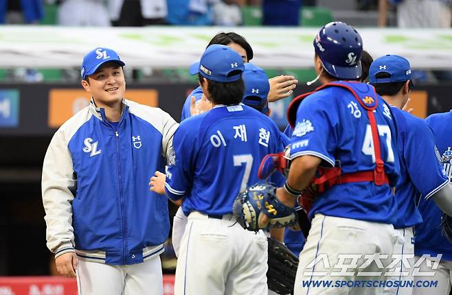 9일 인천SSG랜더스필드에서 열린 SSG와 삼성의 준PO 1차전. 승리한 삼성 선수들이 기뻐하고 있다. 인천=박재만 기자 pjm@sportschosun.com/2025.10.09/