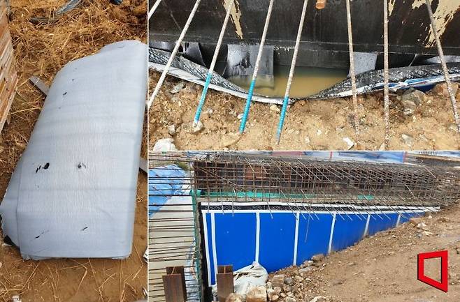 경기 LH 아파트 건설 현장. (맨왼쪽)지하주차장 외벽 방수에 쓰일 시트 자재가 찢기고 구겨진 채 방치돼 있다. (오른쪽 상단)외벽 방수 시공 후 끝단 마감이 누락돼 시트가 들뜨고, 내부에 빗물이 고인 모습. 비가 내리자 외벽을 타고 스며든 물이 시트 안쪽에 고여 방수층 전체가 손상됐다. (오른쪽 하단)LH 품질명장이 해당 부위를 확인한 뒤 전체적으로 다시 걷어내고 보수해야 한다고 지적해 재시공한 구간으로, 손상된 구간을 걷어내고 끝단을 스테인리스 판으로 고정한 뒤 새 시트를 부착한 모습. 파란색 보호판을 덧대 흙을 되메움할 때 방수층이 다시 손상되지 않도록 마감했다.