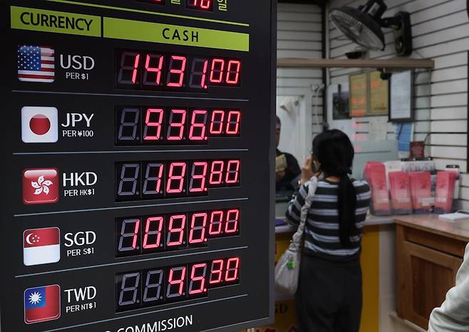 원·달러 환율이 급등한 10일 오후 서울 중구 명동의 환전소 달러 시세가 1달러 당 1430원을 넘겨 거래되고 있다. 2025.10.10. [서울=뉴시스]