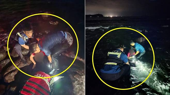 지난 4일 새벽 5시 20분쯤 서귀포시 성산일출봉 동쪽 해안가에서 40대 여성이 경찰에 의해 구조되는 모습 (서귀포경찰서 제공)