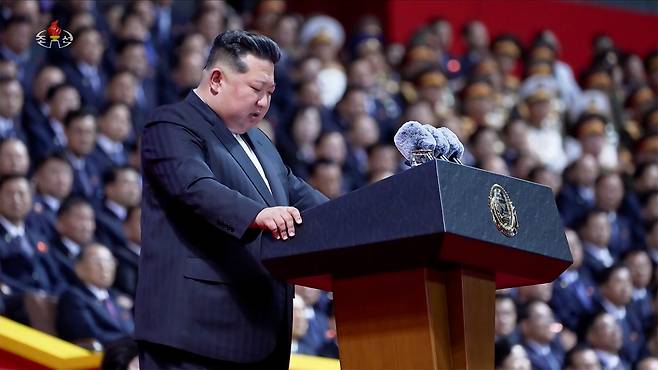 North Korean leader Kim Jong-un speaks during a ceremony marking the 80th anniversary of the founding of the Workers' Party of Korea held at Pyongyang's May Day Stadium on Oct. 9, 2025, in this photo published by the Korean Central News Agency the following day. (KCNA-Yonhap)