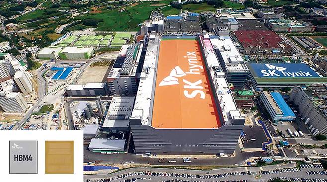 SK하이닉스가 세계 최초로 샘플을 공급한 고대역폭메모리(HBM)4 12단(좌)과 경기도 이천에 위치한 SK하이닉스 본사(우). (SK하이닉스 제공)