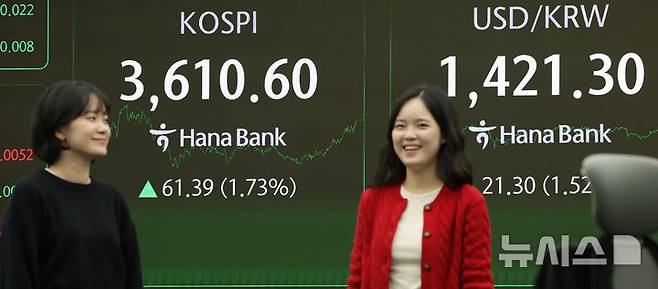 [서울=뉴시스] 홍효식 기자 = 코스피가 전 거래일(3549.21)보다 61.39포인트(1.73%) 오른 3610.60에 마감한 10일 오후 서울 중구 하나은행 딜링룸 전광판에 지수가 표시되고 있다.코스닥 지수는 전 거래일(854.25)보다 5.24포인트(0.61%) 상승한 859.49에 거래를 종료했다. 서울 외환시장에서 원·달러 환율은 전 거래일(1400.0원)보다 21.0원 오른 1421.0원에 주간 거래를 마감했다. 2025.10.10. yesphoto@newsis.com