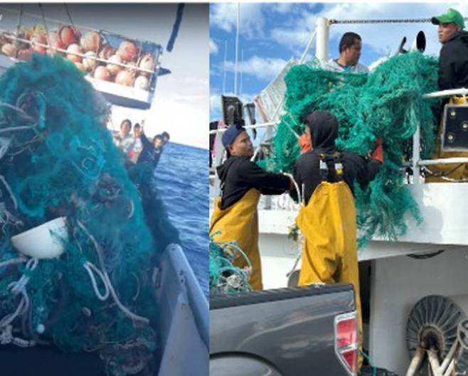 하와이 현지 어민과 미국 하와이퍼시픽대 해양쓰레기 연구센터 연구진들이 해양쓰레기를 수거하는 모습.  미국 하와이퍼시픽대학교 해양쓰레기 연구센터 제공