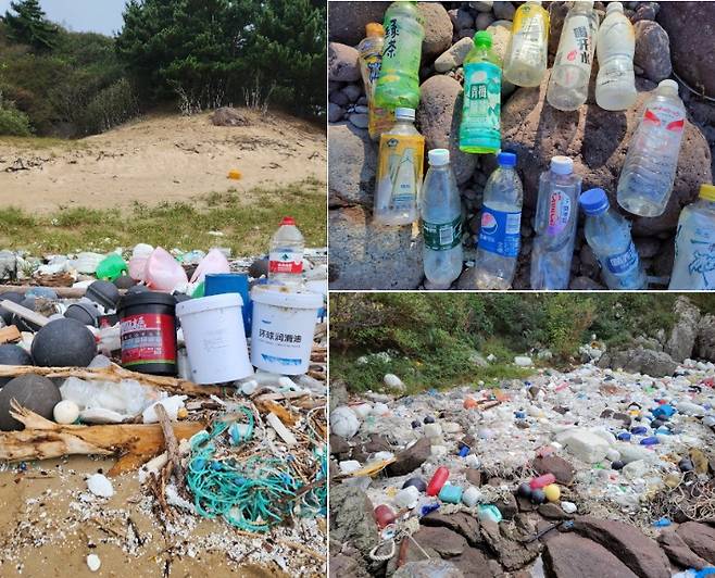 최근 인천 앞바다 섬 지역 해안에서 발견되는 중국쓰레기들. (사진 왼쪽부터 시계방향으로) 굴업도와 울도, 지도에서 발견된 중국쓰레기. 인하대 경기·인천씨그랜트센터 제공