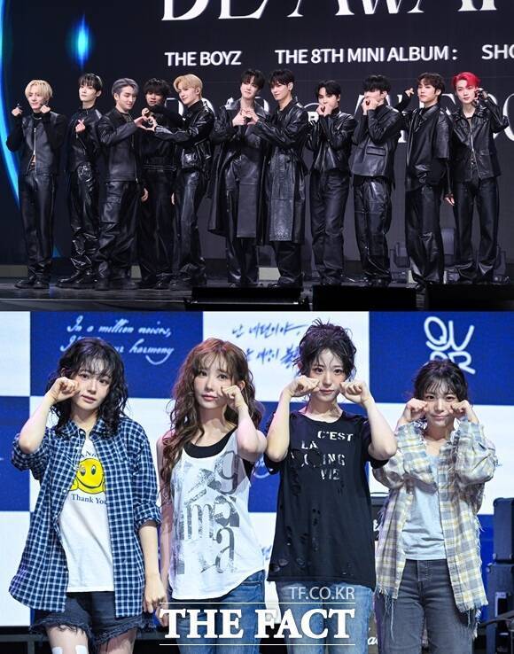 그룹 더보이즈(위)와 밴드 QWER의 응원봉 유사성 논란이 한 달 가까이 이어지고 있다./더팩트DB