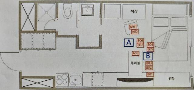 사건이 발생한 김씨가 살던 8평 규모 오피스텔 평면도. 경찰 출동 당시 임씨는 머리가 그림상 A쪽으로, 다리가 B쪽을 향해 놓인 채 눕혀져 있었다. 1심 판결문 발췌