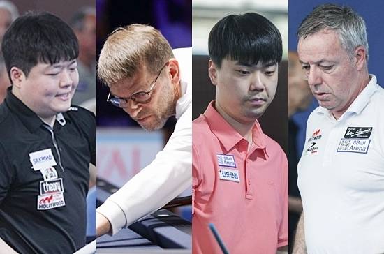 10일 앤트워프3쿠션월드컵 32강 리그 조편성이 확정된 결과, 조명우는 B조에서 블롬달, 김행직은 A조에서 야스퍼스 등을 상대한다. (왼쪽부터) 조명우 블롬달 김행직 야스퍼스. (사진=SOOP)