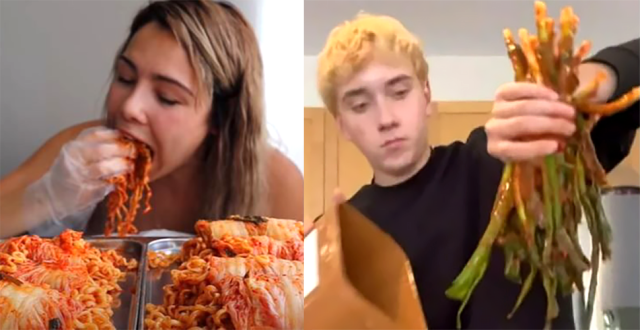 사회관계망서비스(SNS)에서 외국인들이 ‘김치 먹방’을 하고 있는 모습. SNS 갈무리