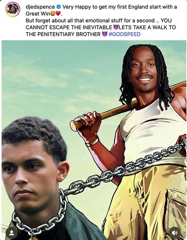 토트넘 홋스퍼에서 손흥민과 뛰었던 제드 스펜스가 동료 브레넌 존슨에 목줄을 채우고 있는 합성 사진을 공개했다. ESPN