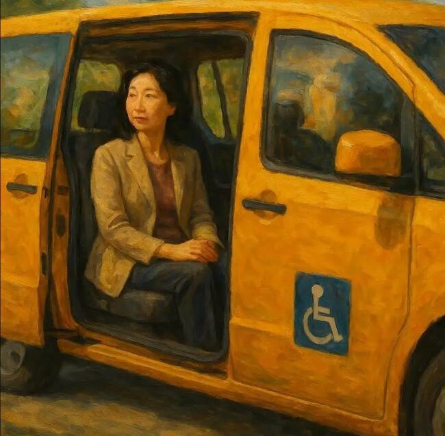 김의경 작가가 생성형 인공지능(AI) ‘빙 이미지 크리에이터’에 “노란색 장애인콜택시에 탄 40대 아시아 여성을 유화처럼 그려줘”라는 지시어를 입력해 생성한 이미지다.
