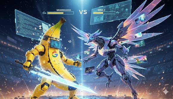 나노바나나와 소라2가 대결하는 모습을 AI로 제작한 이미지. [사진=나노바나나 제작]