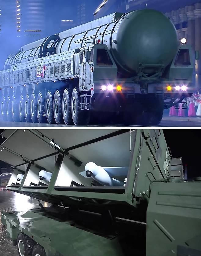 지난 10일 북한 평양에서 열린 노동당 창건 80주년 기념 열병식에 등장한 신형 대륙간탄도미사일(ICBM) ‘화성-20형’(위 사진)과 무인전술공격기(자폭 드론) 발사대. 조선중앙TV연합뉴스