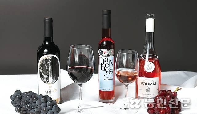 레드 계열 와인. (왼쪽부터) 경북 경주 예인화원 ‘남산애 내추럴’, 경북 영천 대향와이너리 ‘머루 아이스와인’, 충북 영동 갈기산포엠와이너리 ‘포엠 로제’. 백승철 프리랜서 기자